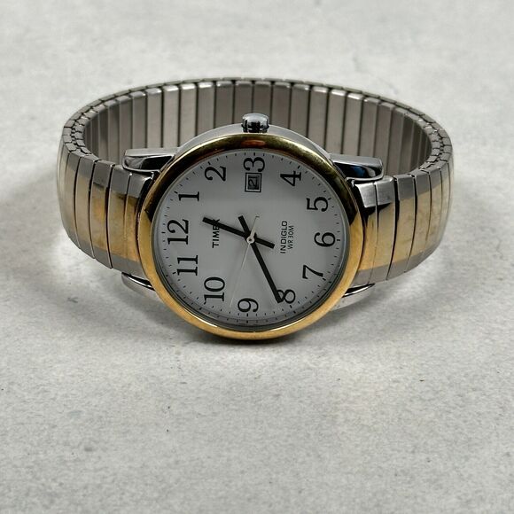 Timex Watch 35mm Date Indiglo Two Tone Stretchy Casual Classic New Battery - Picture 8 of 16